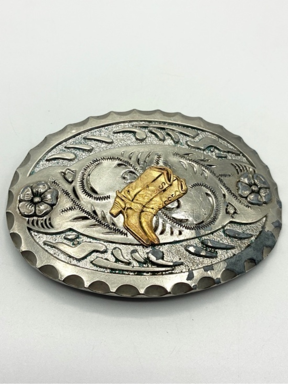Vintage Western Cowboy Boots Belt Buckle Silver Tone Gold Accent
